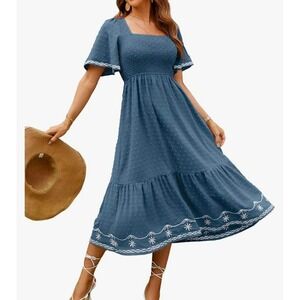 Glamaker Smocked Square Neck Midi Dress‎ Embroidered Blue Puff Sleeve Women S
